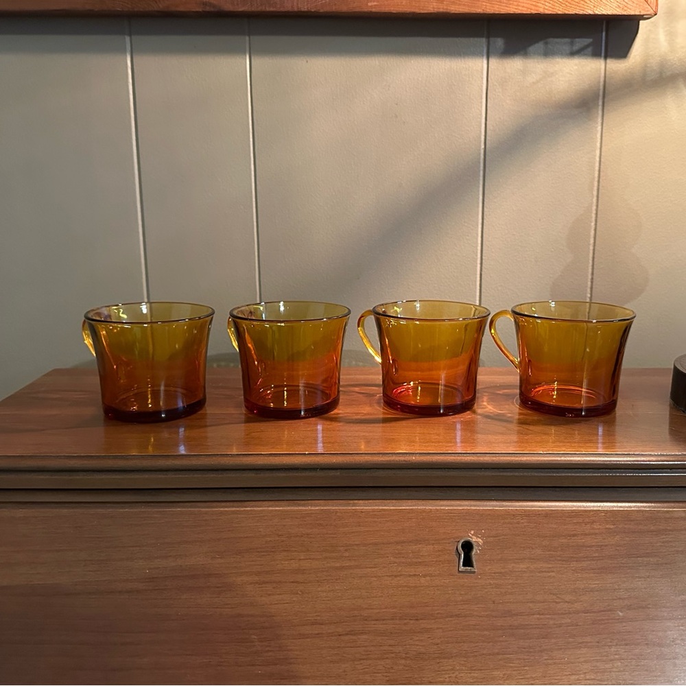 DURALEX France AMBER Glass Small Coffee/Tea Cups with Handles Set of 4 Vintage